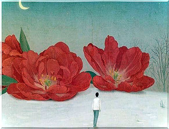 Man-advancing-towards-red-flowers